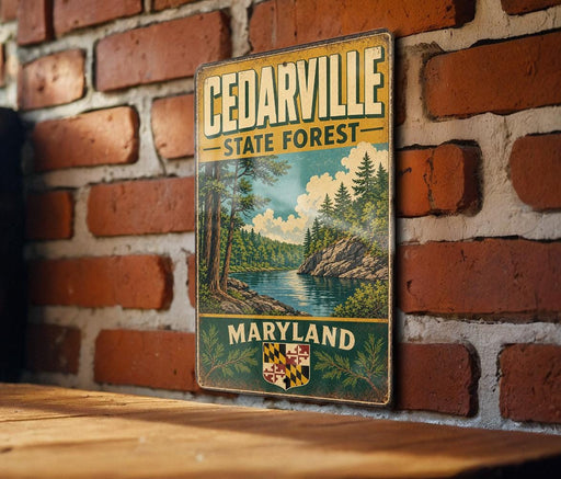 A vintage metal sign for Cedarville State Forest in Maryland, featuring a scenic illustration of a forest and a river.