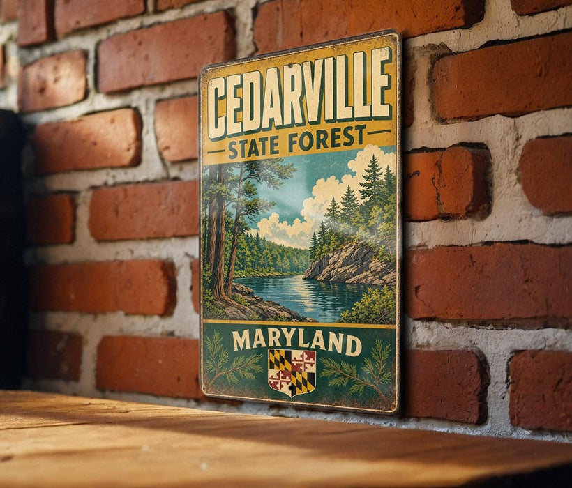 A vintage metal sign for Cedarville State Forest in Maryland, featuring a scenic illustration of a forest and a river.