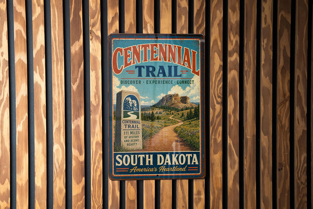 A vintage metal sign for the Centennial Trail in South Dakota, featuring a scenic mountain landscape and the trail's name.