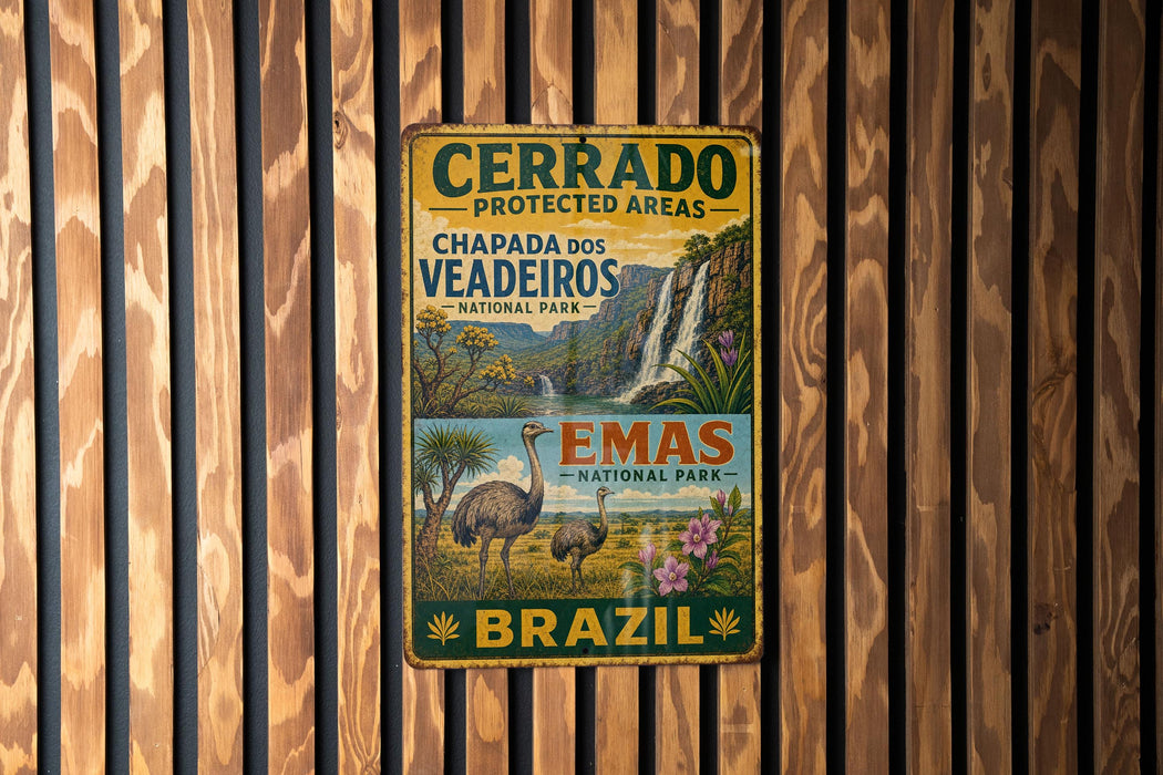a vintage metal sign with a colorful illustration of a landscape, including a waterfall, an ostrich, and a bird, mounted on a wooden wall.