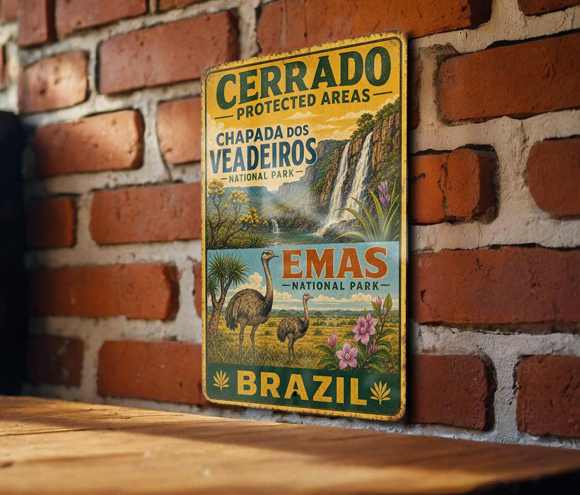 A vintage metal sign with text and illustrations, mounted on a brick wall.
