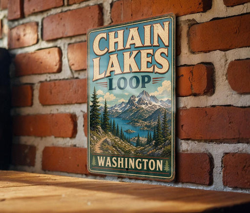 A vintage-style metal sign for Chain Lakes Loop in Washington, featuring a mountain landscape and a lake.