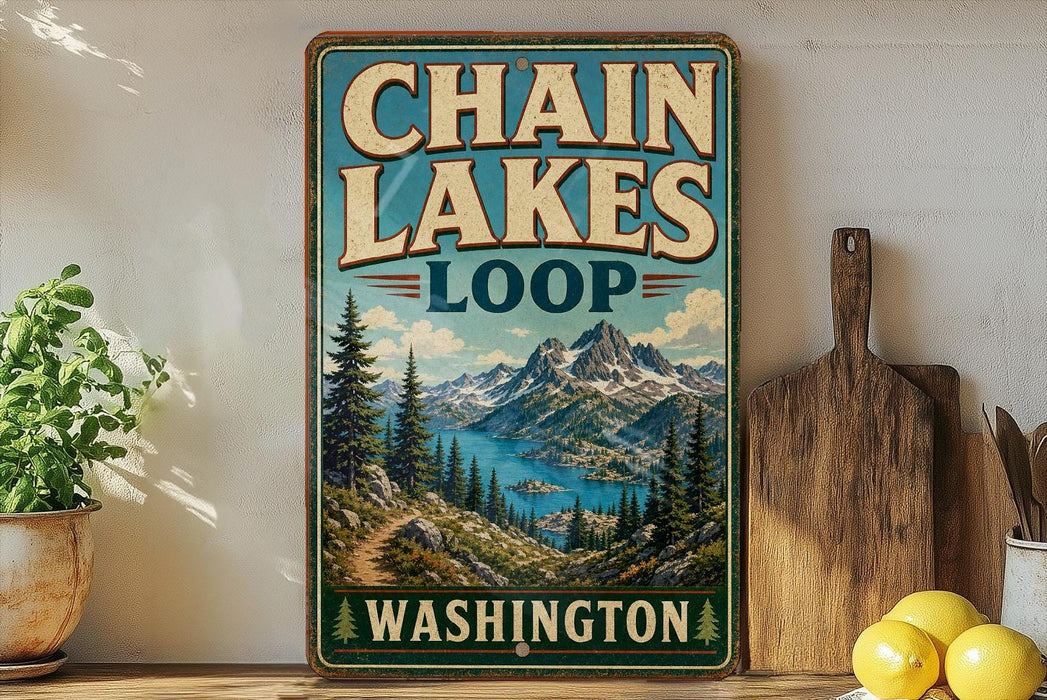 A vintage-style metal sign with the text "CHAIN LAKES LOOP WASHINGTON" displayed on a wooden shelf, with a scenic mountain landscape in the background.