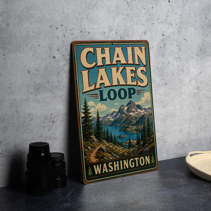 A vintage-style metal sign for Chain Lakes Loop in Washington, featuring a scenic mountain landscape.