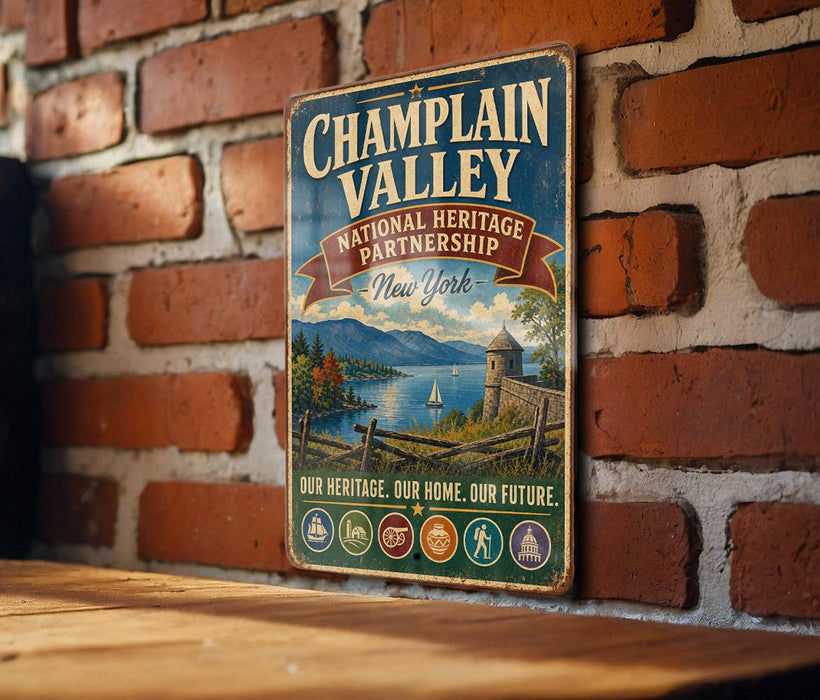 A vintage metal sign for the National Heritage Partnership in New York, featuring a scenic landscape with mountains, a river, and a castle.