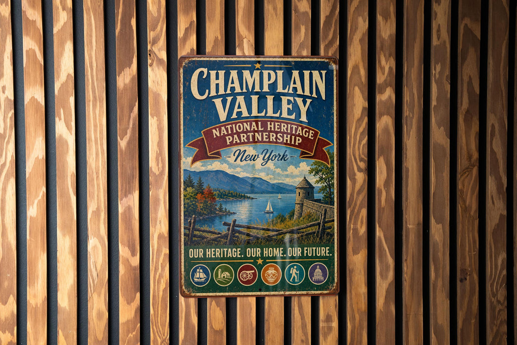 A vintage metal sign for the National Heritage Partnership in New York, featuring a scenic landscape with mountains, a river, and a castle.