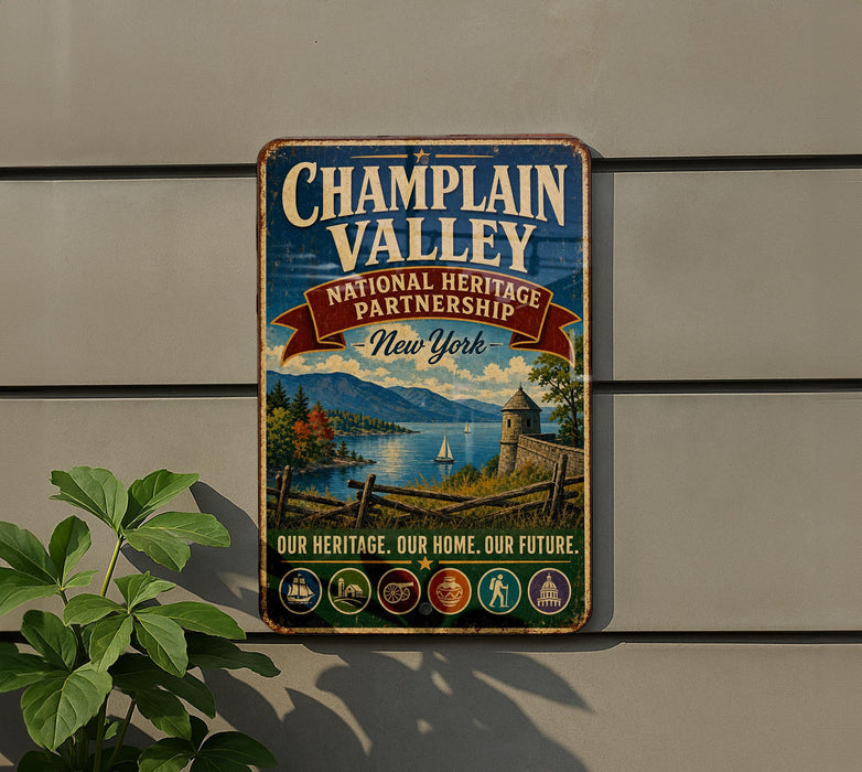 A vintage-style metal sign for the New York National Heritage Partnership, featuring a scenic landscape with mountains, a river, and a castle.