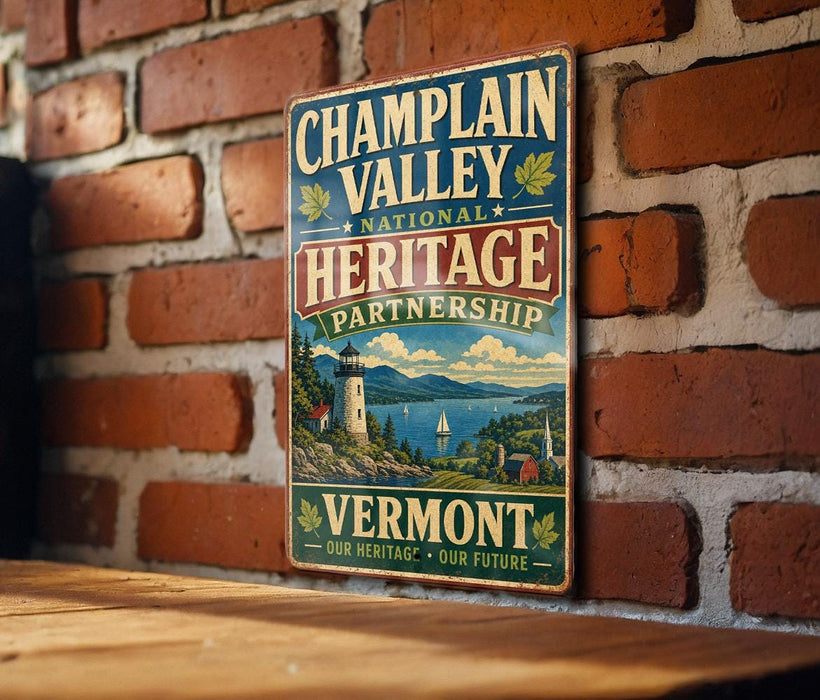 A vintage metal sign for the Champlain Valley Heritage Partnership, featuring a scenic landscape with a lighthouse and mountains, mounted on a brick wall.