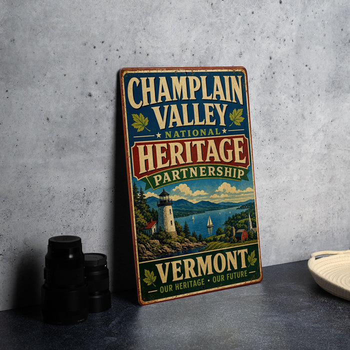 A vintage metal sign for the Champlain Valley National Heritage Partnership, featuring a scenic landscape with a lighthouse and boats, stands on a gray countertop next to a stack of black camera lenses.