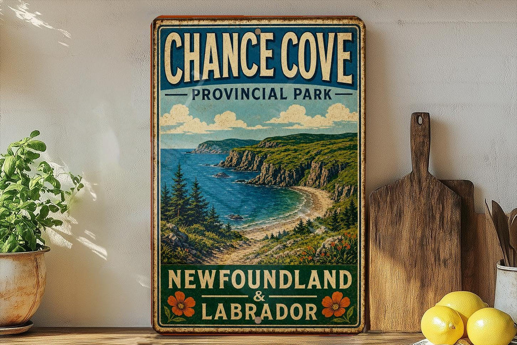 A vintage-style sign for Chance Cove Provincial Park, New Brunswick and Labrador, featuring a scenic coastal landscape with cliffs, a beach, and a blue ocean.