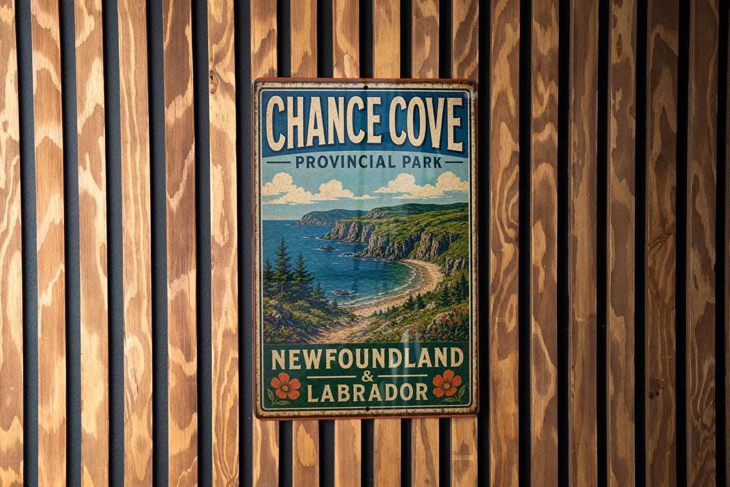 A vintage metal sign for Chance Cove Provincial Park, New Brunswick, Labrador, hanging on a wooden wall.
