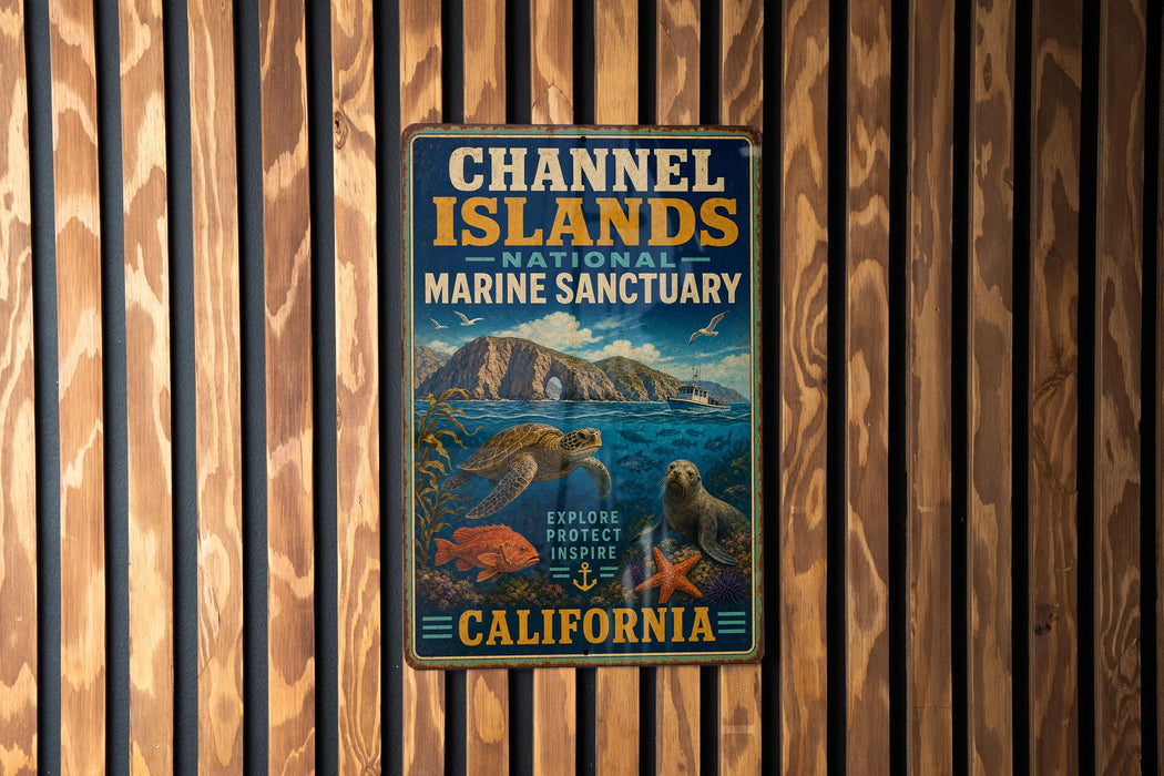 A vintage metal sign for Channel Islands National Marine Sanctuary in California, featuring illustrations of marine life and a scenic landscape.