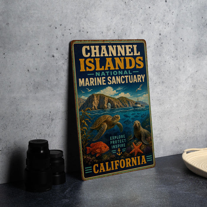 A vintage-style metal sign for Channel Islands National Marine Sanctuary, featuring illustrations of marine life and a scenic landscape.