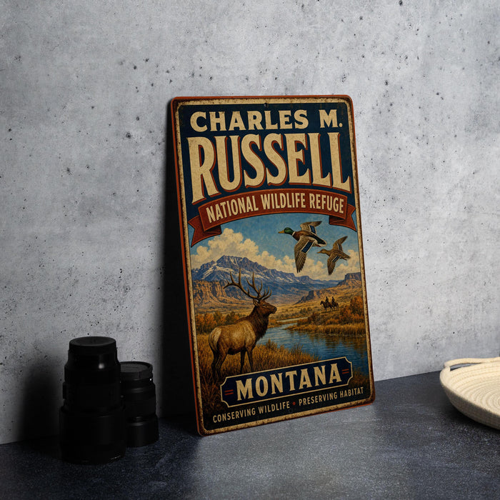 A vintage metal sign for Charles M. Russell's National Wildlife Refuge in Montana, featuring an illustration of wildlife in the background.