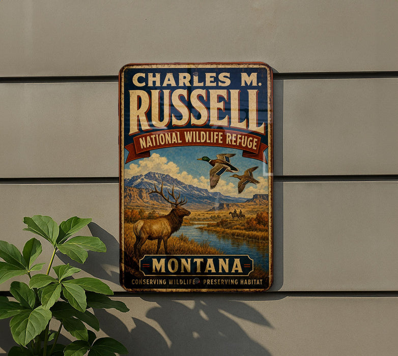 A vintage metal sign for Charles M. Russell's National Wildlife Refuge in Montana, featuring an illustration of a deer and ducks in a scenic landscape.