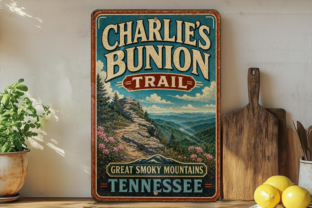A vintage-style metal sign for Charlie's Bunion Trail in Tennessee, featuring a scenic mountain landscape with pine trees and mountains.