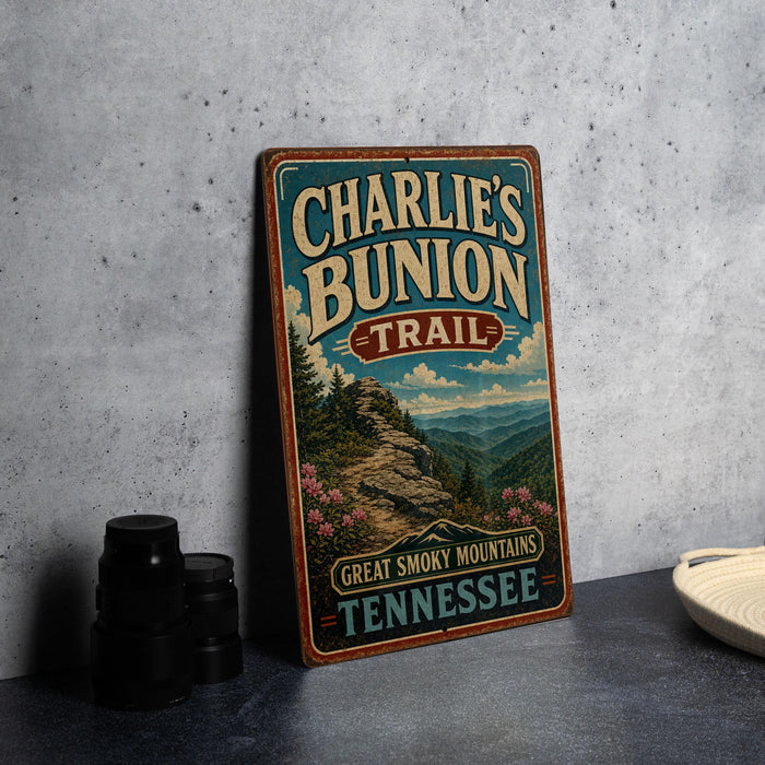 A vintage-style sign for Charlie's Bunch Trail in Tennessee, featuring a scenic mountain landscape.
