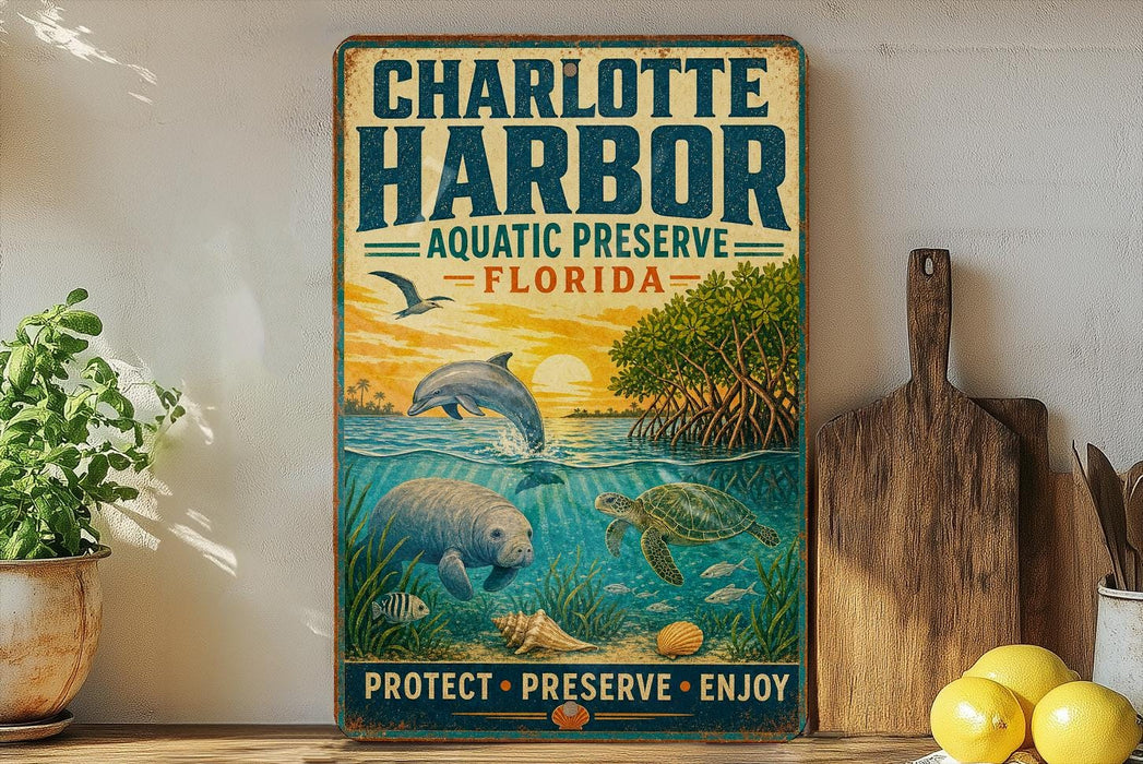 A vintage-style sign for Charlotte Harbor Aquatic Preserve in Florida, featuring illustrations of marine life such as a dolphin, manatee, and turtle, along with a sunset and palm trees.