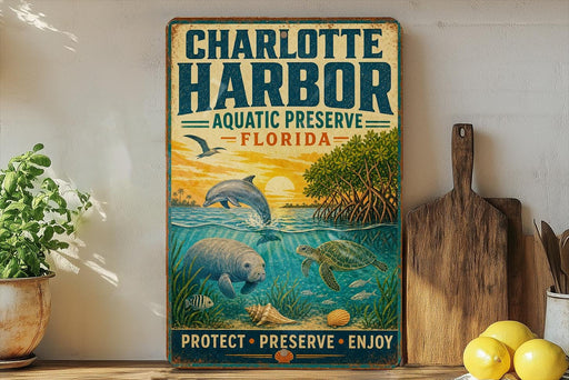 A vintage-style sign for Charlotte Harbor Aquatic Preserve in Florida, featuring illustrations of marine life such as a dolphin, manatee, and turtle, along with a sunset and palm trees.
