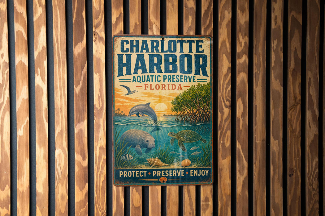 A metal sign for Charlotte Harbor Aquatic Preserve, Florida, featuring an illustration of various marine life and a message encouraging visitors to protect, preserve, and enjoy the natural environment.