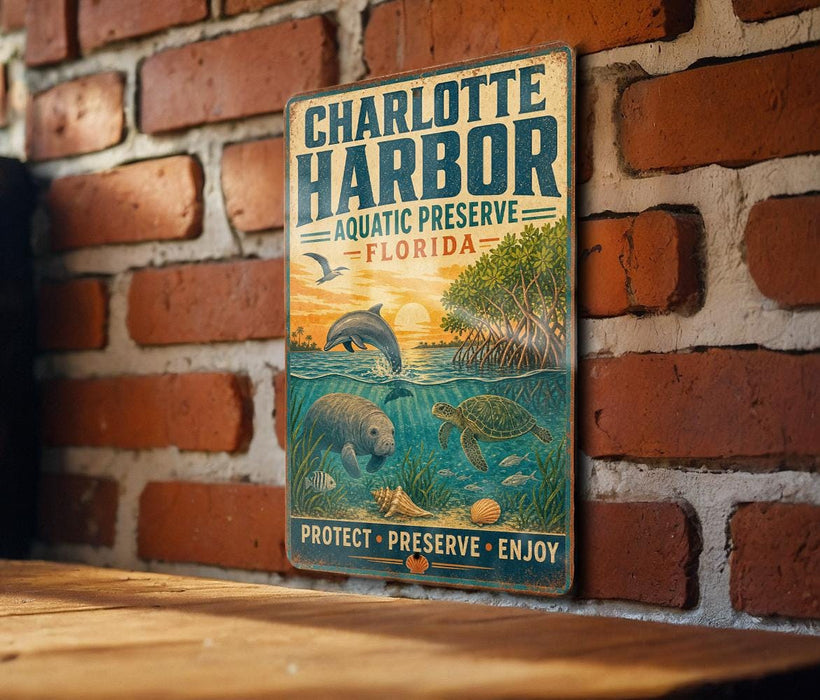 A vintage-style metal sign for Charlotte Harbor, Florida, featuring illustrations of marine life and the text "PROTECT - PRESERVE - ENJOY".