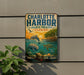 A metal sign with a colorful illustration of marine life, including a dolphin, turtle, and manatee, along with the text "Charlotte Harbor Aquatic Preserve, Florida" and "Protect, Preserve, Enjoy".