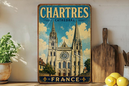 A vintage-style metal sign displaying the name "CHARTRES CATHEDRAL FRANCE" with an illustration of the Chartres Cathedral in the background.