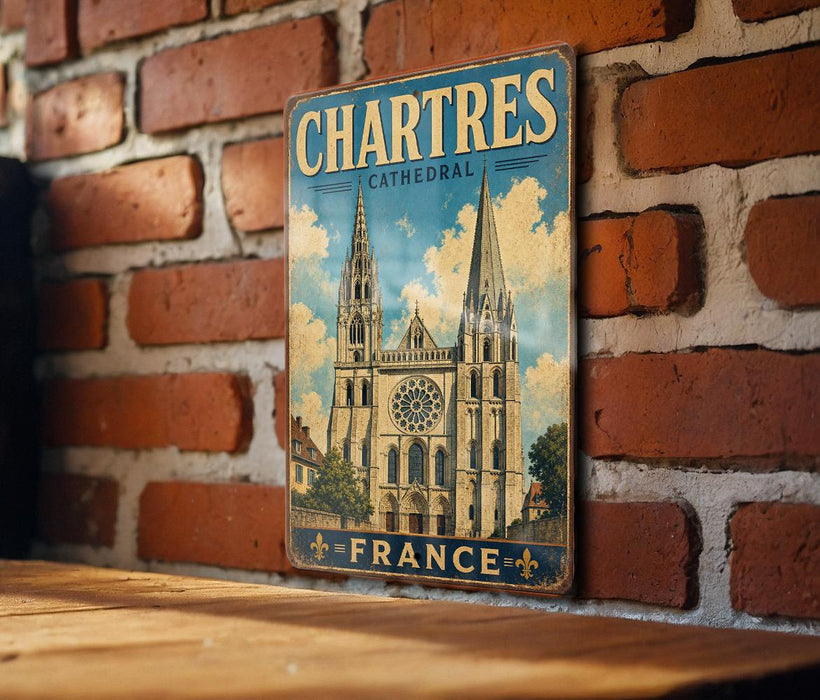 A vintage metal sign displaying the image of the Chartres Cathedral in France.