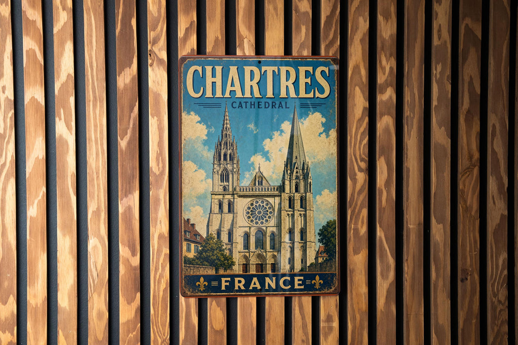 A vintage metal sign with the text "CHARTRES CATHEDRAL FRANCE" and an illustration of the Chartres Cathedral in France.