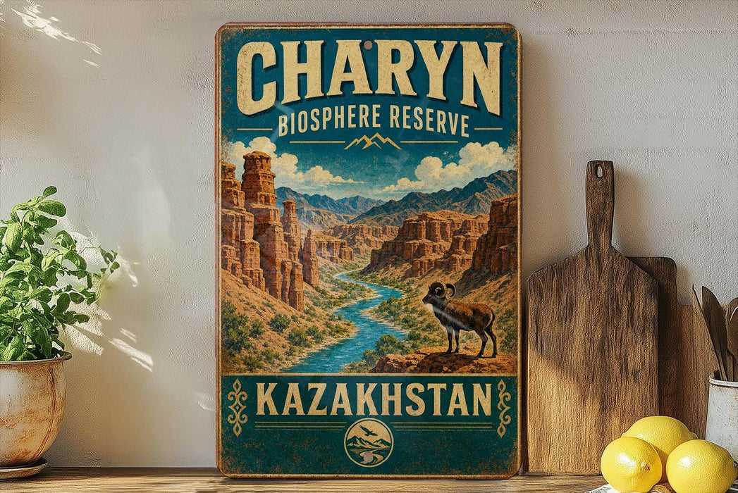 A vintage-style sign for Charyn Bioscape Reserve in Kazakhstan, featuring a mountain landscape with a river and a goat.