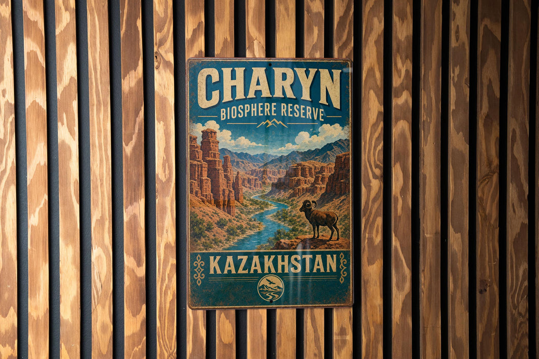 A vintage metal sign for Charyn Biosphere Reserve, featuring a mountain landscape with a river and a bighorn sheep.