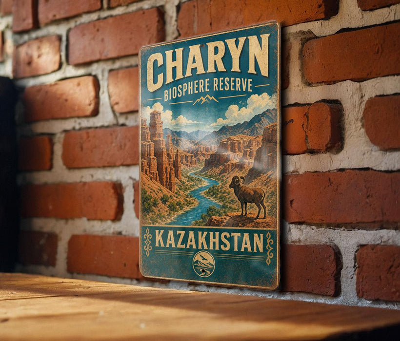 A vintage-style metal sign with the text "CHARYN BIOSPHERE RESERVE KAZAKHSTAN" is displayed on a brick wall.