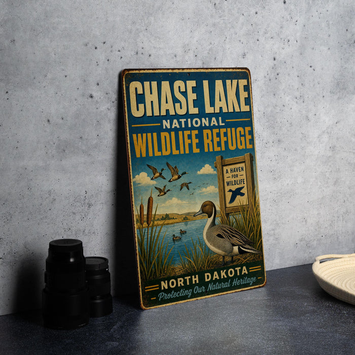 A vintage metal sign for Chase Lake National Wildlife Refuge in North Dakota, featuring an illustration of ducks and a sign that says "A Haven for Wildlife".