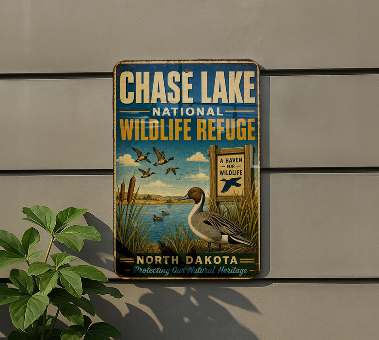 A vintage metal sign for the Chase Lake National Wildlife Refuge in North Dakota, featuring a duck and a sign indicating a haven for wildlife.