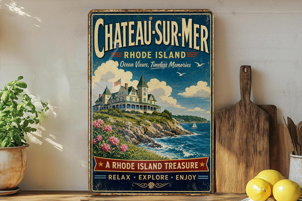 A vintage-style sign for Chateau Surmer, a Rhode Island landmark, featuring a picturesque illustration of the chateau on a cliff overlooking the ocean.