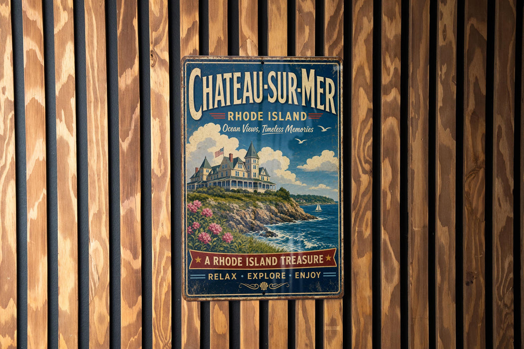 A vintage metal sign for Chateau Summer in Rhode Island, featuring a scenic coastal landscape with a large house and a lighthouse.