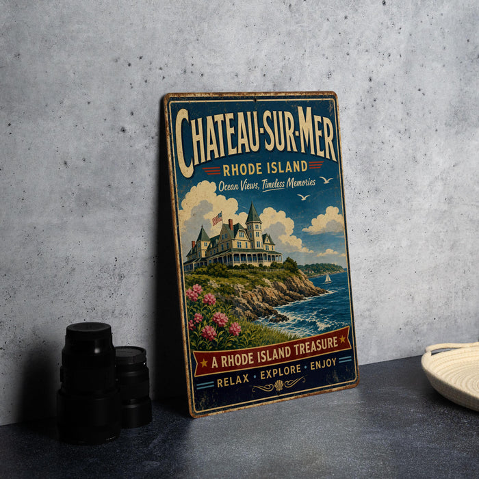 A vintage metal sign for Chateau Sur-Mer, a Rhode Island landmark, featuring a castle and ocean views.