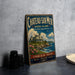 A vintage metal sign for Chateau Sur-Mer, a Rhode Island landmark, featuring a castle and ocean views.