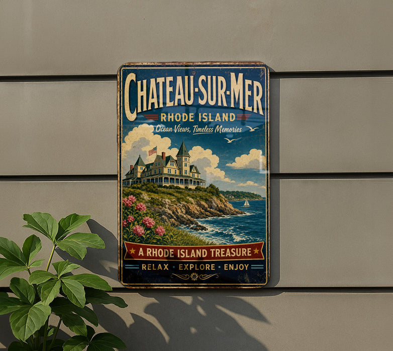 A vintage-style metal sign for Chateau Sur-Mer, a luxury resort on Rhode Island, featuring a picturesque coastal scene with a large house and a sailboat.