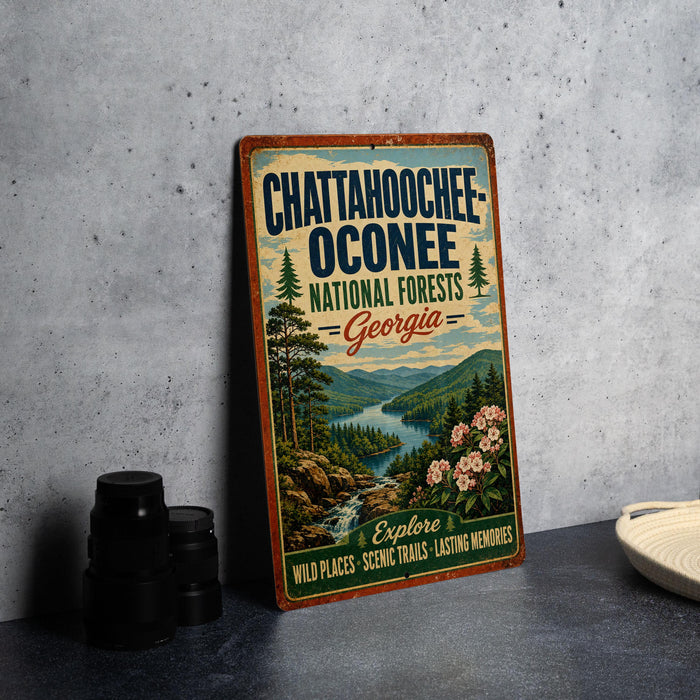 A vintage-style metal sign for the Chattahoochee Oconee National Forests in Georgia, featuring a scenic landscape with a river, mountains, and wildflowers.