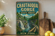 A vintage-style metal sign for Chautauqua Gorge State Forest in New York, featuring a scenic illustration of a waterfall and forest.