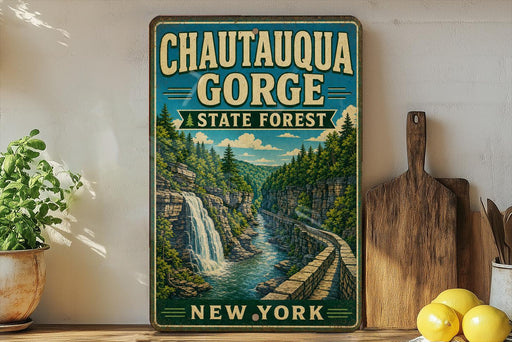 A vintage-style metal sign for Chautauqua Gorge State Forest in New York, featuring a scenic illustration of a waterfall and forest.