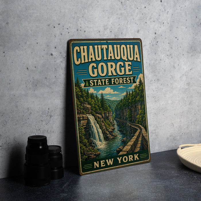 A vintage metal sign for Chautauqua Gorge State Forest in New York, featuring a scenic illustration of the gorge with a waterfall.