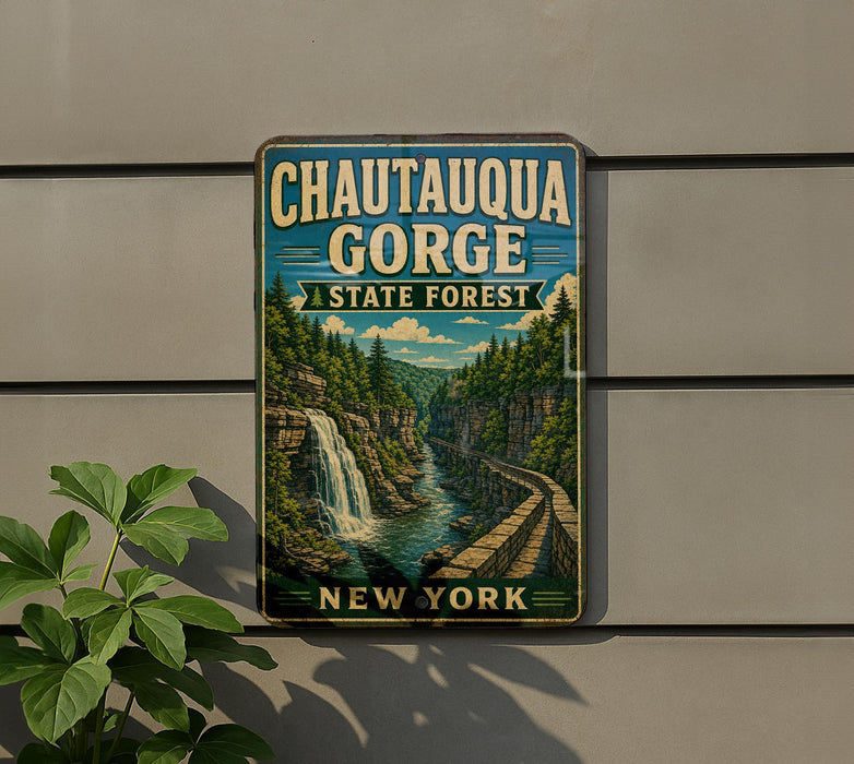 A vintage metal sign for Chautauqua Gorge State Forest in New York, featuring a scenic illustration of a waterfall and forest.