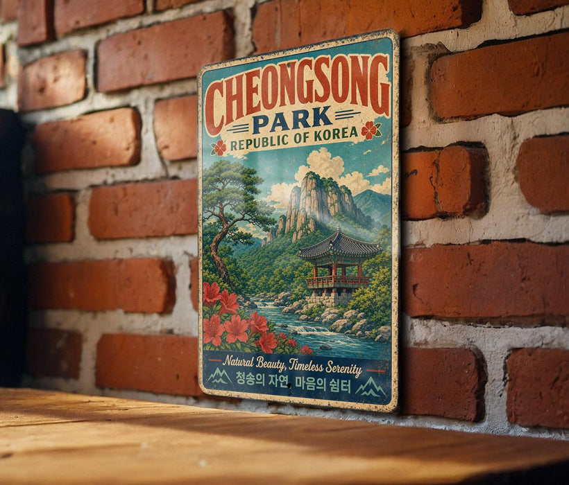 A vintage metal sign for Cheongong Park, Republic of Korea, featuring a scenic landscape with mountains, a pagoda, and a river.