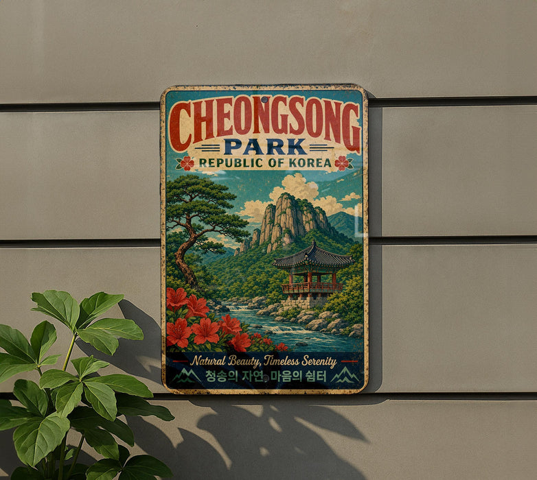 A vintage metal sign for Cheongong Park, Republic of Korea, featuring a scenic landscape with mountains, a pagoda, and a river.
