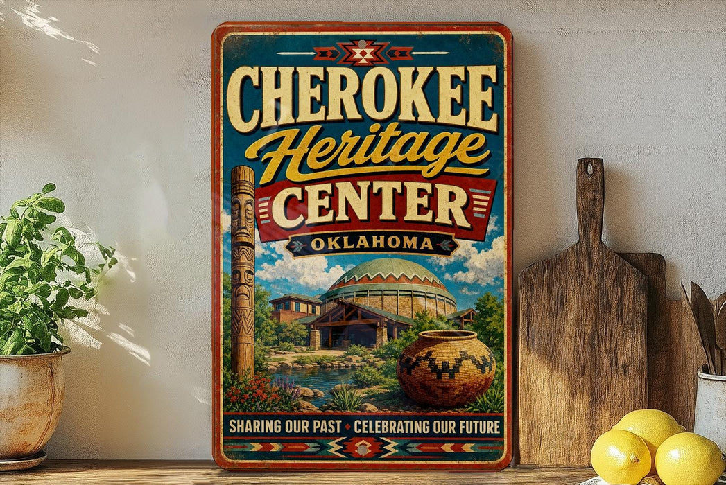 A vintage-style sign for the Cherokee Heritage Center in Oklahoma, featuring a colorful illustration of the center's architecture and surrounding landscape.