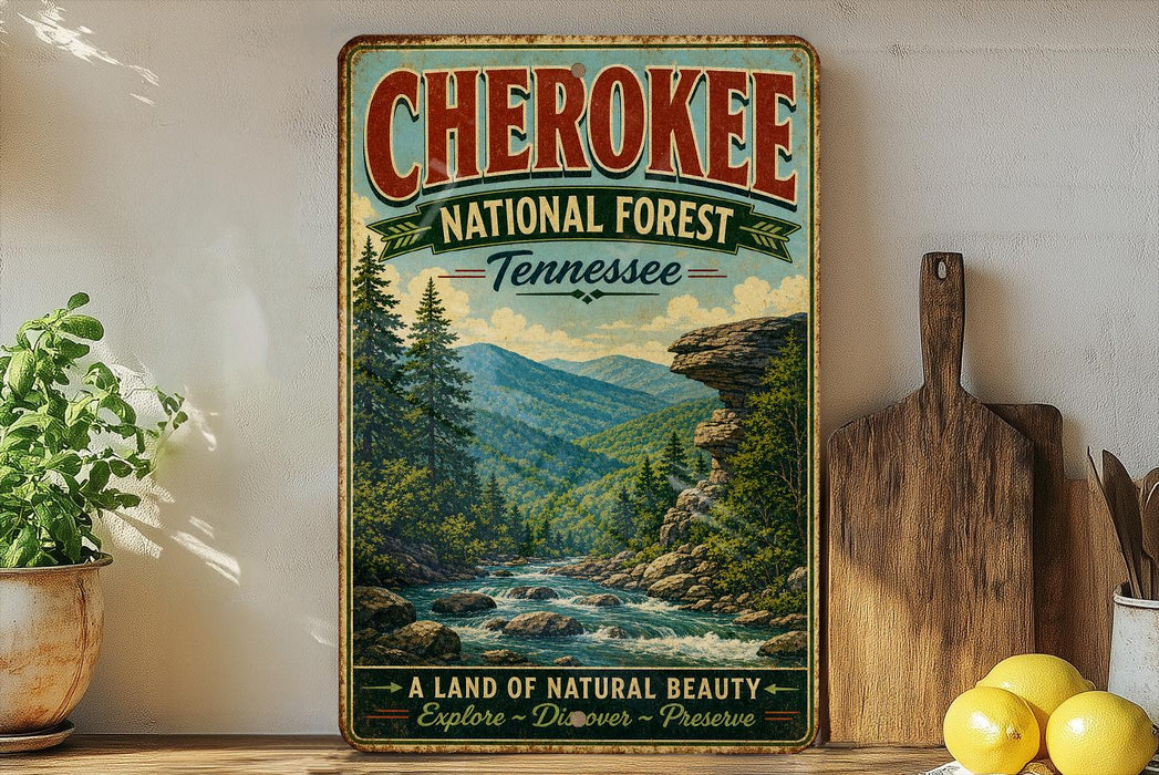 A vintage-style sign for the Cherokee National Forest in Tennessee, featuring a scenic mountain landscape with a river and pine trees.