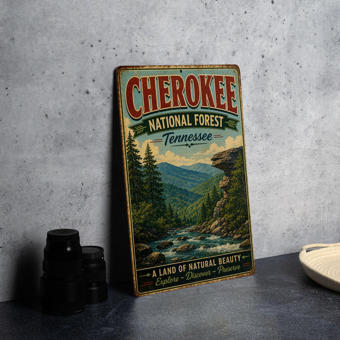 A vintage metal sign for the National Forest in Tennessee, featuring a scenic mountain landscape with a river and pine trees.