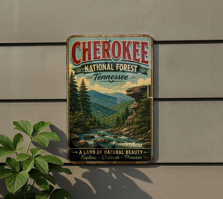 A vintage-style metal sign for the Cherokee National Forest in Tennessee, featuring a scenic mountain landscape with a river and pine trees.